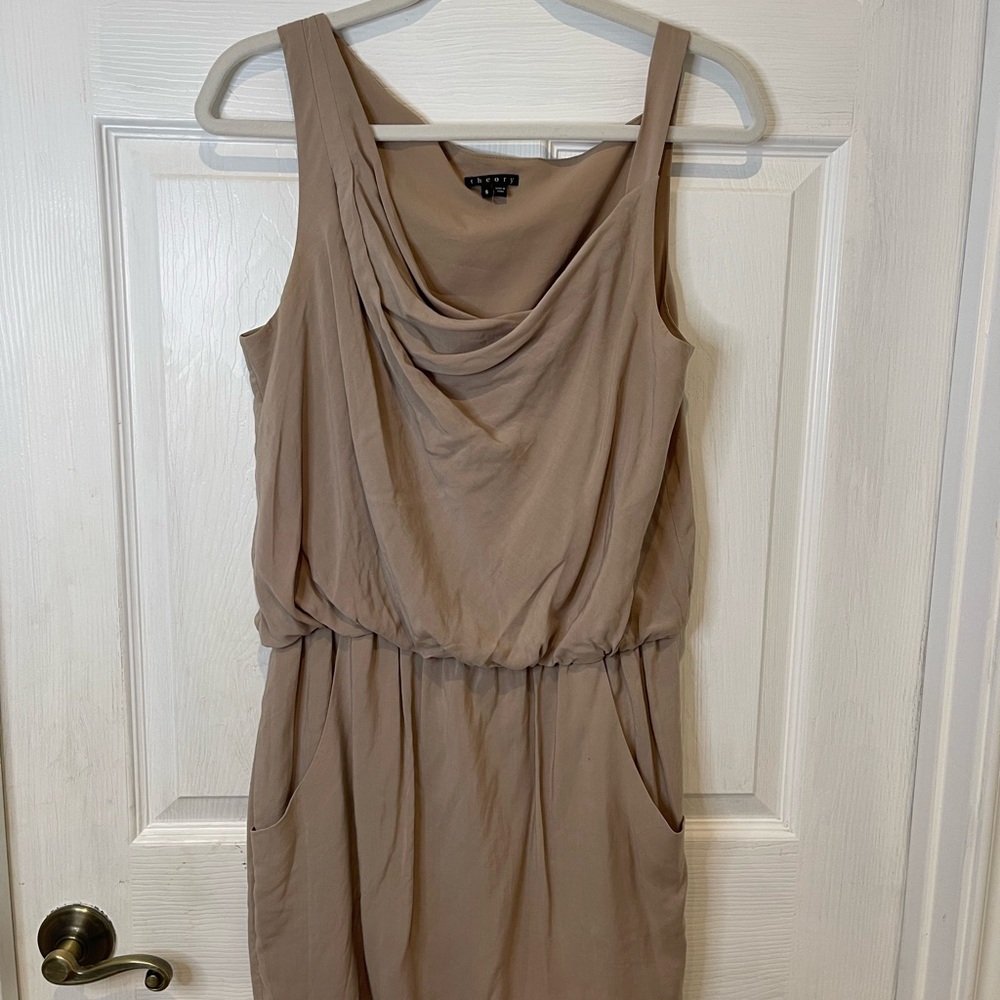Theory Taupe Sleeveless Drape Neck Dress with Pockets - Size 8